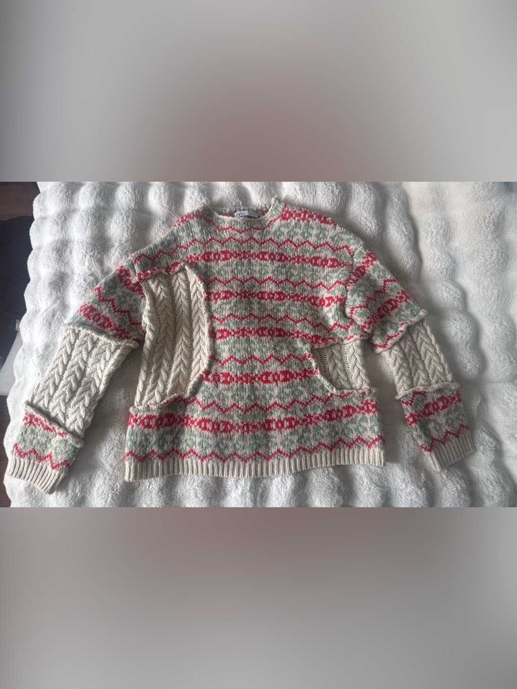 Zara- Chunky Knit Fair Isle Sweater In Cream With Red & Green Accents